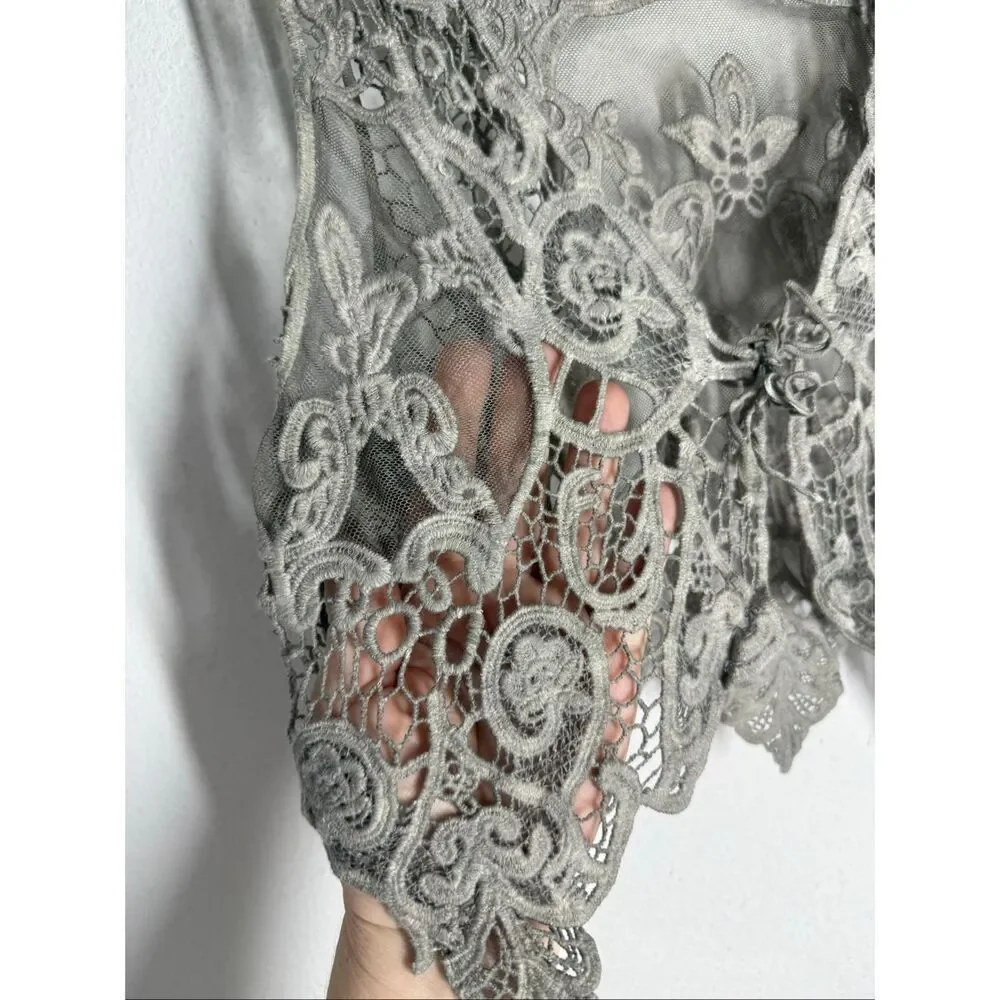 NILE Lace Crochet Vest Gray Boho Sheer Embroidered Tie Front Sz S Made in Italy
